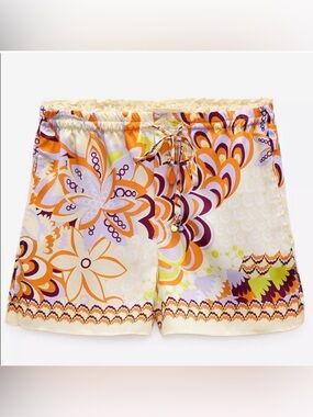 NWT Zara Satin Multicolored Floral Print Drawstring Shorts XS